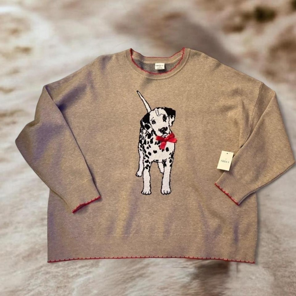 Nikka K Dalmatian Dog Knit Sweater Tan Red Bow Plus Size 2X New